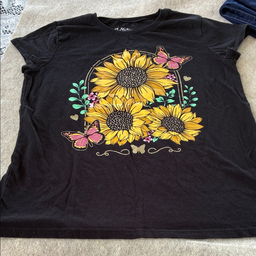 Place Black Girls Tee with Yellow Sunflower & Pink Butterfly Graphic